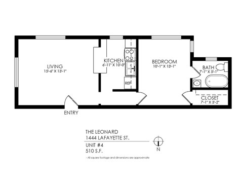 A floor plan of a one bedroom apartment with dimensions.